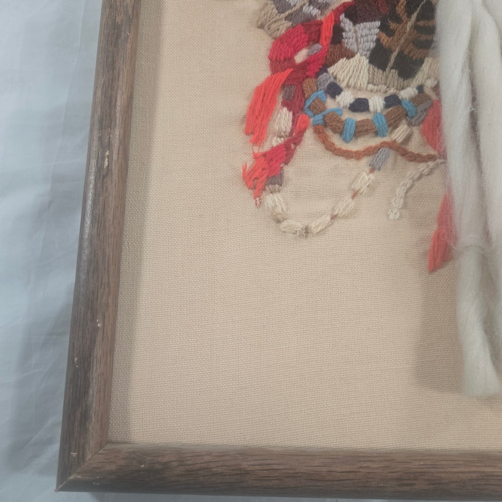 Vintage 1981 Hand Embroidery Needlepoint Native American Chief Framed Wall Art - Picture 14 of 16